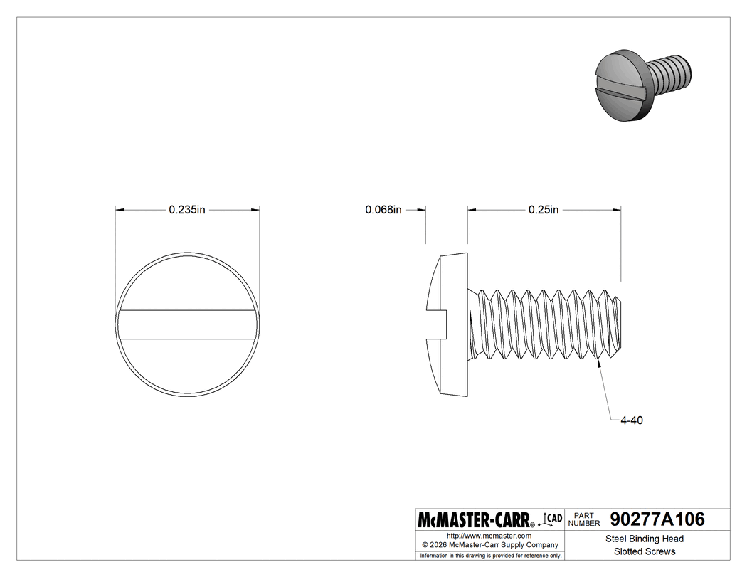 Technical Drawing of Steel Binding Head Slotted Screws, Steel, 4-40 Thread Size, 1/4" Long.